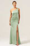 Dusty Sage Elegant One Shoulder Mermaid Pleated Bridesmaid Dress