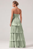 Sky Blue A Line Strapless Pleated Tiered Bridesmaid Dress