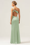 Dusty Sage Elegant One Shoulder Mermaid Pleated Bridesmaid Dress