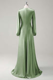 Dark Green Satin Long Sleeves A-Line Bridesmaid Dress