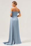 Sage Off the Shoulder Pleated Satin Bridesmaid Dress with Slit