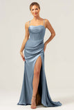 Sage Satin Mermaid Sweep Train Bridesmaid Dress with Slit