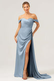 Sage Off the Shoulder Pleated Satin Bridesmaid Dress with Slit