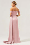 Sage Off the Shoulder Pleated Satin Bridesmaid Dress with Slit