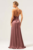 Burgundy Spaghetti Straps Satin A-Line Bridesmaid Dress with Slit