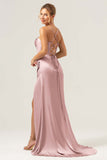 Sage Satin Mermaid Sweep Train Bridesmaid Dress with Slit