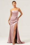 Sage Satin Mermaid Sweep Train Bridesmaid Dress with Slit