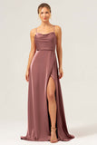 Burgundy Spaghetti Straps Satin A-Line Bridesmaid Dress with Slit