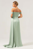 Sage Off the Shoulder Pleated Satin Bridesmaid Dress with Slit