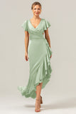 Olive V Neck Satin Ruffled Sheath Asymmetrical Bridesmaid Dress with Slit