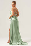 Sage Satin Mermaid Sweep Train Bridesmaid Dress with Slit