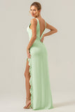 Lime V Neck Ruffled Sheath Bridesmaid Dress with Slit