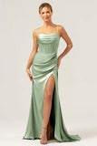 Sage Satin Mermaid Sweep Train Bridesmaid Dress with Slit