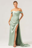 Sage Off the Shoulder Pleated Satin Bridesmaid Dress with Slit