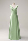 Simple Sky Blue V-Neck Satin A-Line Bridesmaid Dress