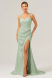 Ivory Spaghetti Straps Mermaid Sweep Train Bridesmaid Dress with Slit