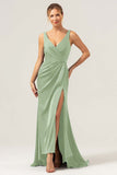 Dark Green V-Neck Satin Mermaid Bridesmaid Dress with Slit