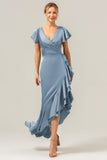 Olive V Neck Satin Ruffled Sheath Asymmetrical Bridesmaid Dress with Slit