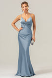 Purple Spaghetti Straps Twist Front Satin Mermaid Bridesmaid Dress