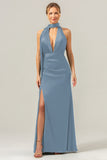 Peacock Sheath V-Neck Satin Bridesmaid Dress with Ribbon