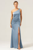 Olive One Shoulder Mermaid Satin Backless Bridesmaid Dress