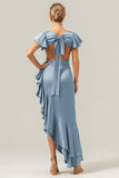 Olive V Neck Satin Ruffled Sheath Asymmetrical Bridesmaid Dress with Slit