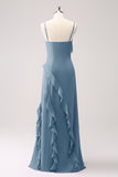 Tahiti Spaghetti Straps Ruffled Sheath Bridesmaid Dress with Slit