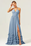 Dusty Sage Halter Corset Ruffled Chiffon Bridesmaid Dress with Slit