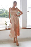Champagne Square Neck Short Bridesmaid Dress With Slit