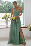 Peach One Shoulder Chiffon Long Bridesmaid Dress With Side Slit