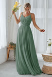Mint Green A Line V Neck Long Pleated Bridesmaid Dress