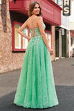 Sparkly Light Green A Line Spaghetti Straps Corset Sequined Prom Dress with Slit