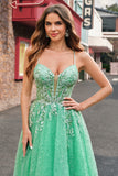 Light Green A Line Corset Sequined Floral Prom Dress with Slit