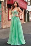 Light Green A Line Corset Sequined Floral Prom Dress with Slit