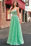 Light Green A Line Corset Sequined Floral Prom Dress with Slit