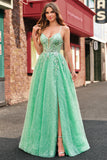 Light Green A Line Corset Sequined Floral Prom Dress with Slit