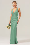 Eucalyptus Mermaid V Neck Satin Bridesmaid Dress