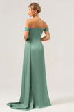 Sage Off the Shoulder Pleated Satin Bridesmaid Dress with Slit