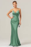 Champagne Spaghetti Straps Satin Mermaid Bridesmaid Dress with Hollow-Out Back