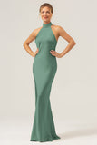 Elegant Dusty Sage Halter Sleeveless Mermaid Bridesmaid Dress