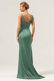 Dark Green V-Neck Satin Mermaid Bridesmaid Dress with Slit