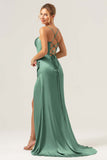 Sage Satin Mermaid Sweep Train Bridesmaid Dress with Slit