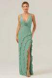 Lime V Neck Ruffled Sheath Bridesmaid Dress with Slit