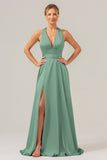 Peacock A Line Lace-Up Back Satin Bridesmaid Dress with Slit