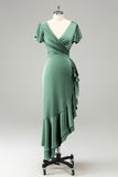 Eucalyptus V Neck Satin Sheath Asymmetrical Wedding Guest Dress with Bowknot