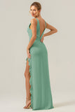 Lime V Neck Ruffled Sheath Bridesmaid Dress with Slit