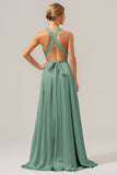 Peacock A Line Lace-Up Back Satin Bridesmaid Dress with Slit