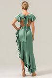 Eucalyptus V Neck Satin Ruffled Sheath Bridesmaid Dress with Slit