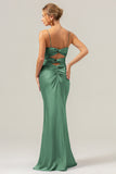 Champagne Spaghetti Straps Satin Mermaid Bridesmaid Dress with Hollow-Out Back