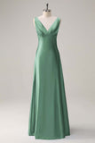 Simple Sky Blue V-Neck Satin A-Line Bridesmaid Dress